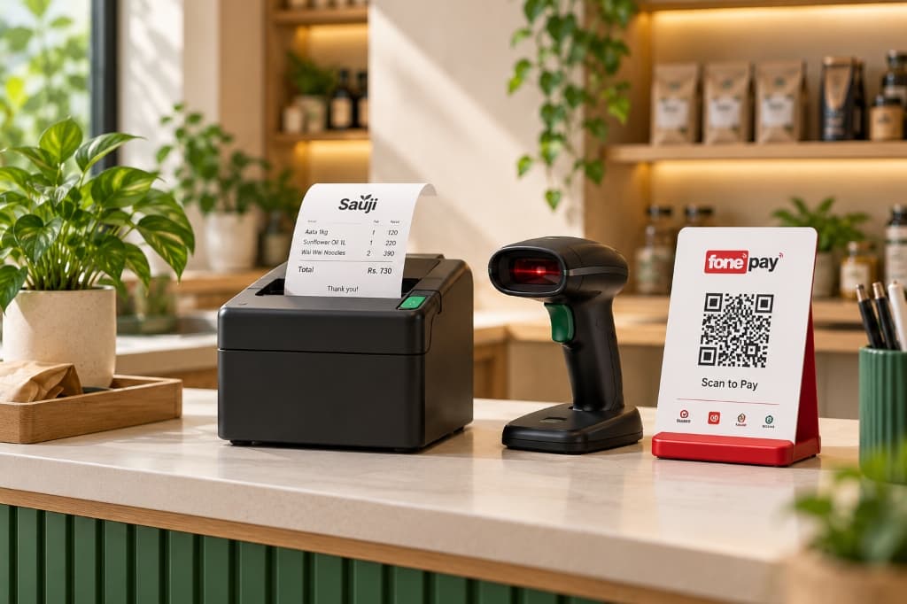 Thermal printer printing Sauji bill with barcode scanner and Fonepay QR stand on checkout counter