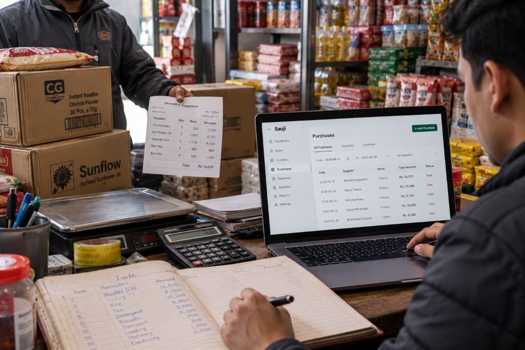 Recording supplier delivery invoice into Sauji purchases management on laptop