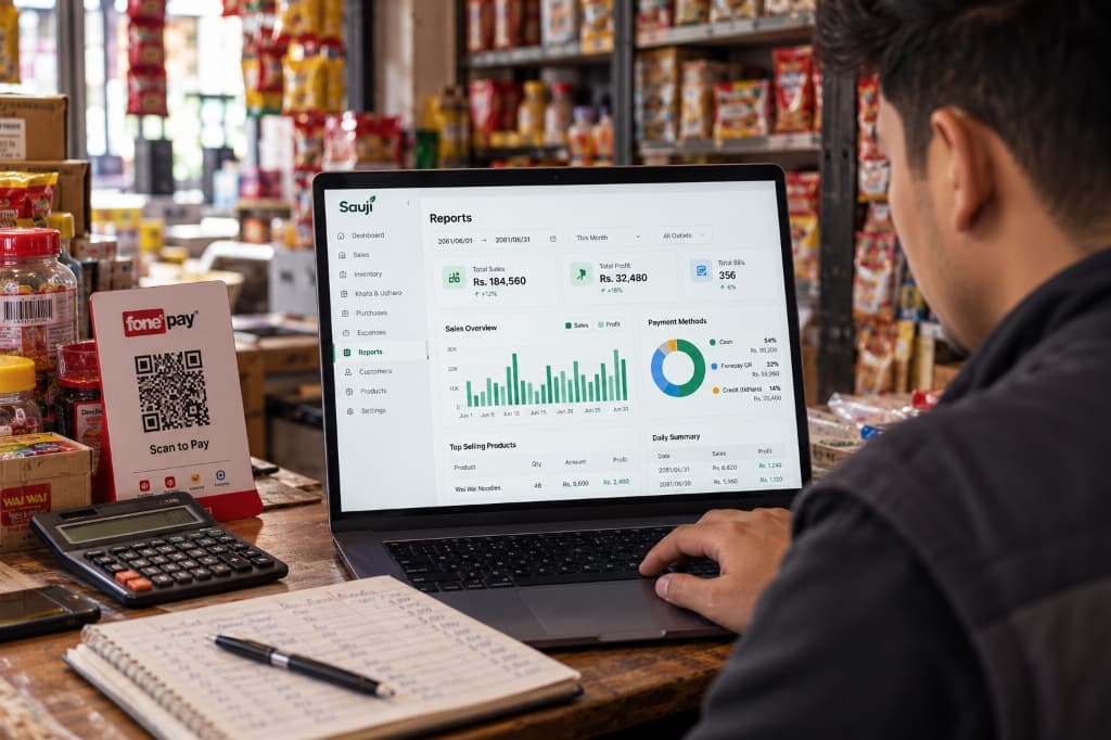 Sauji business reports dashboard showing sales charts and payment breakdown