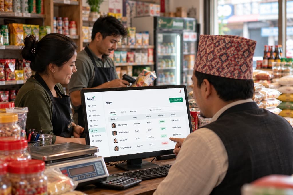 Nepali retail shop owner managing staff accounts on Sauji with team members in the background